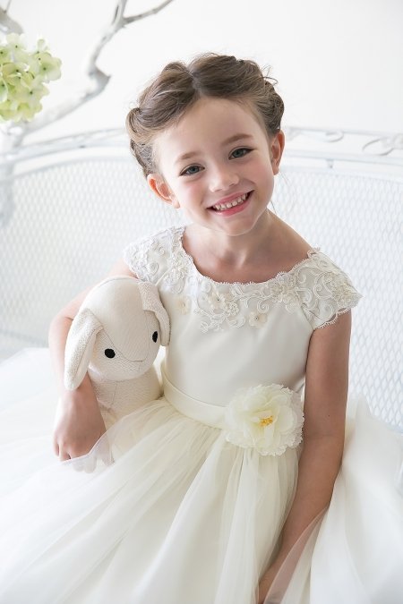 Ivory Satin Embroidered Lace and Tulle Skirt Flower Girl Dress